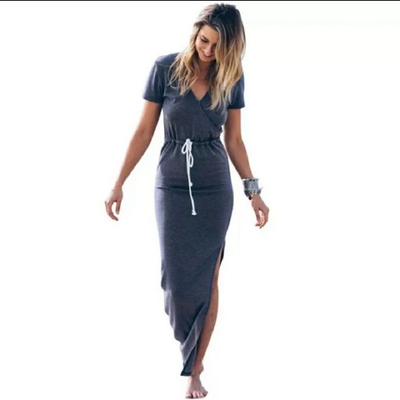 Gray Short Sleeve Maxi Dress - Picture 2 of 7